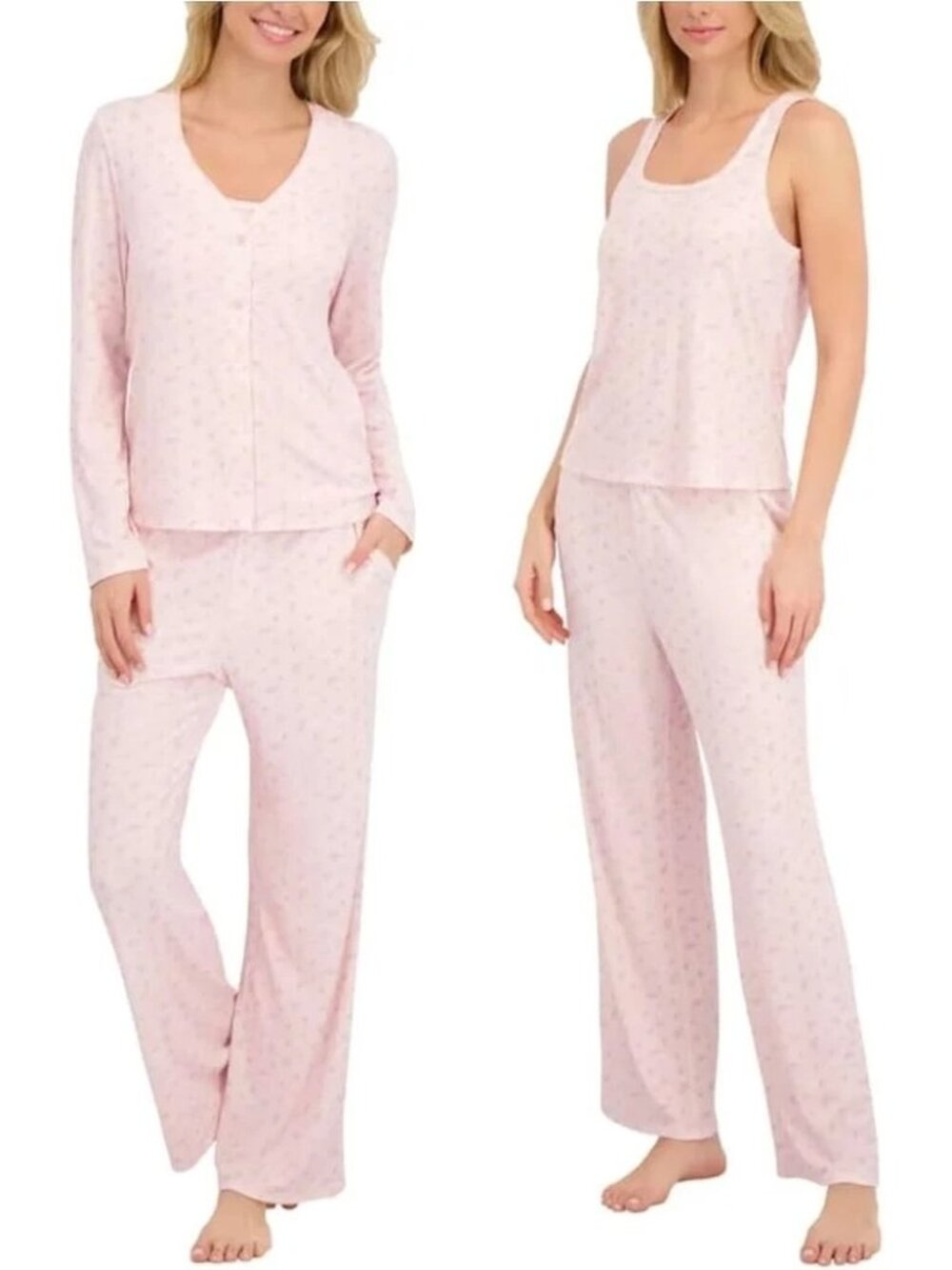 Live 2 Lounge Pink Floral Pajama Set Medium Ribbed Knit Soft Stretch